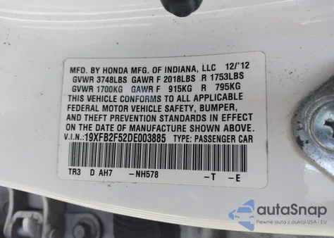 2013 Honda Civic Lx из США, поврежденный, VIN 19XFB2F52DE003885